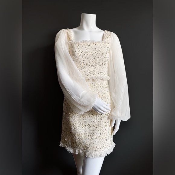 Tweed Boucle Ivory Formal Dress Lace Balloon Sleeves Bridal Elopement Wedding S - Picture 2 of 11